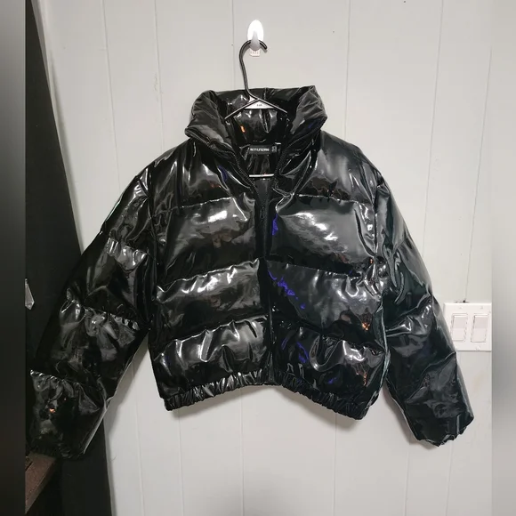 Pretty Little Thing Black Vinyl Puffer Coat - Picture 1 of 12